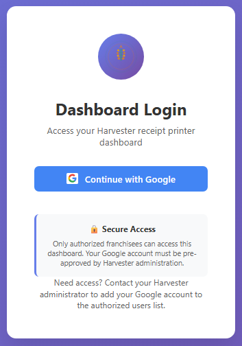 Harvester login screen with secure Google sign-in for franchise owners