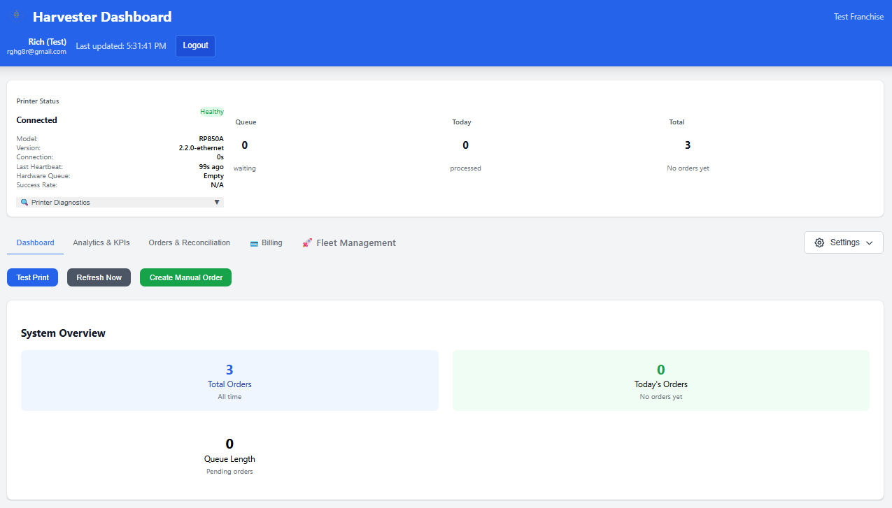 Main dashboard showing order queue, printer status, and quick actions