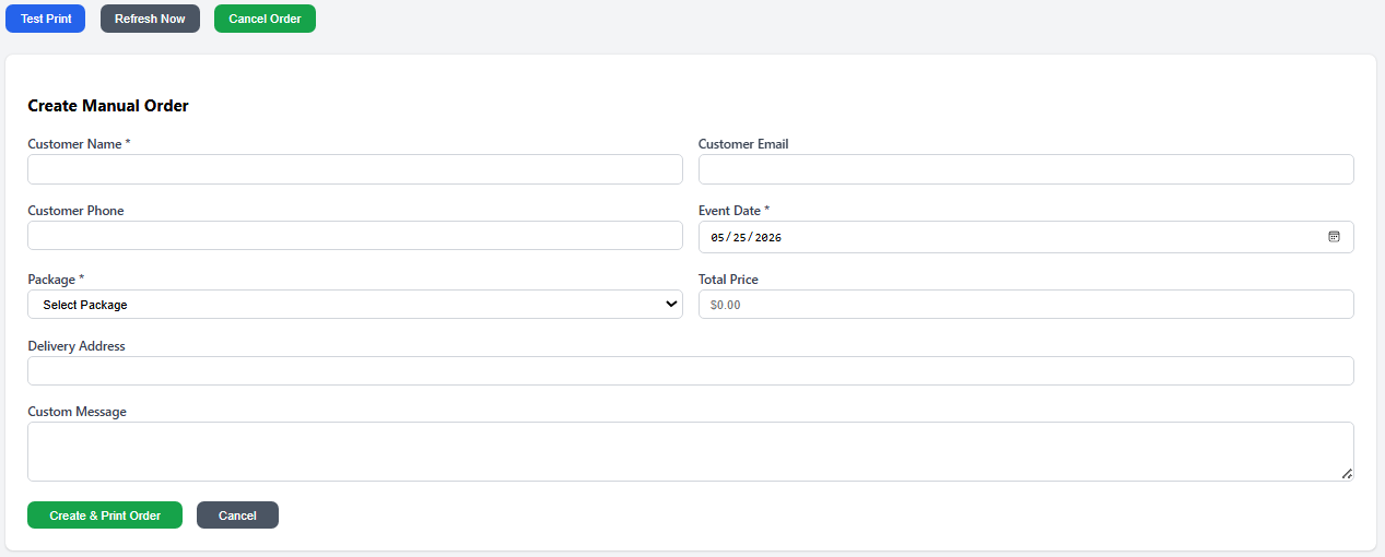 Manual order entry form for adding orders directly into the system